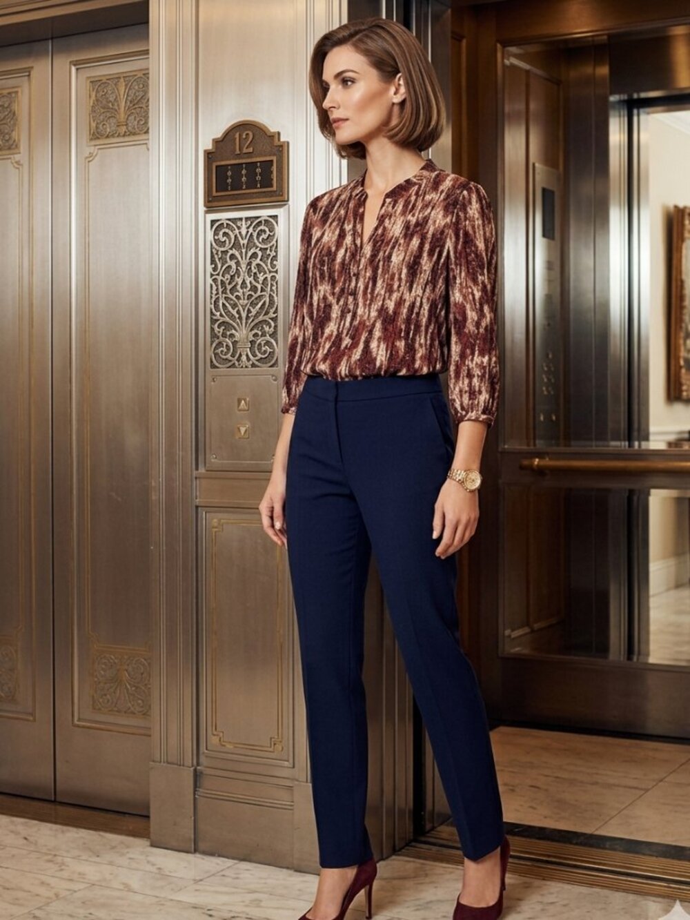 NWT JTB Plus Size 1X Tunic Blouse Abstract Earth Tone Jersey Knit Roll Tab 3/4